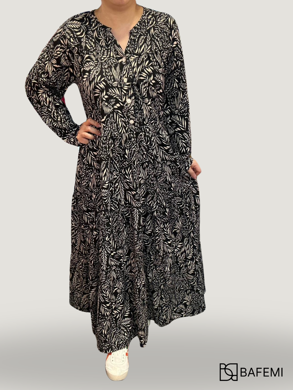 Black with White Botanical Print Dress